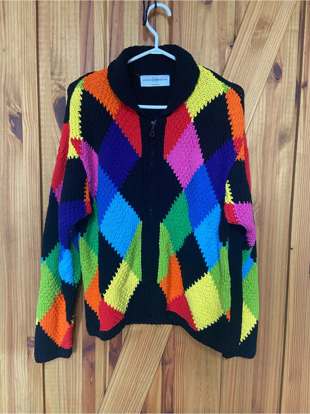 Marisa Christina vintage 80’s Black Zip Cardigan with Multicolor Argyle size X
